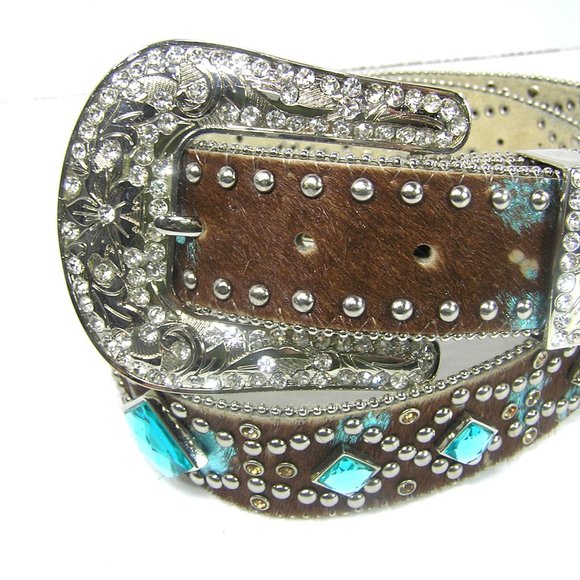 ANGEL RANCH CALF HAIR LEATHER BELT SIZE XL STUDS FAUX GEMS - Picture 4 of 16